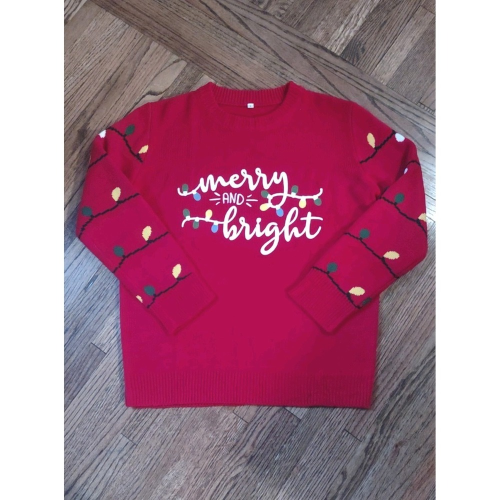 MERRY AND BRIGHT Christmas Sweater Red Knit Holiday Lights Large L UNBRANDED